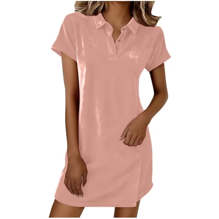 Casual Velvet Dresses for Women 2026 Summer Loose Lapel V Neck Short Sleeve Tunic Workout Beach Sundress