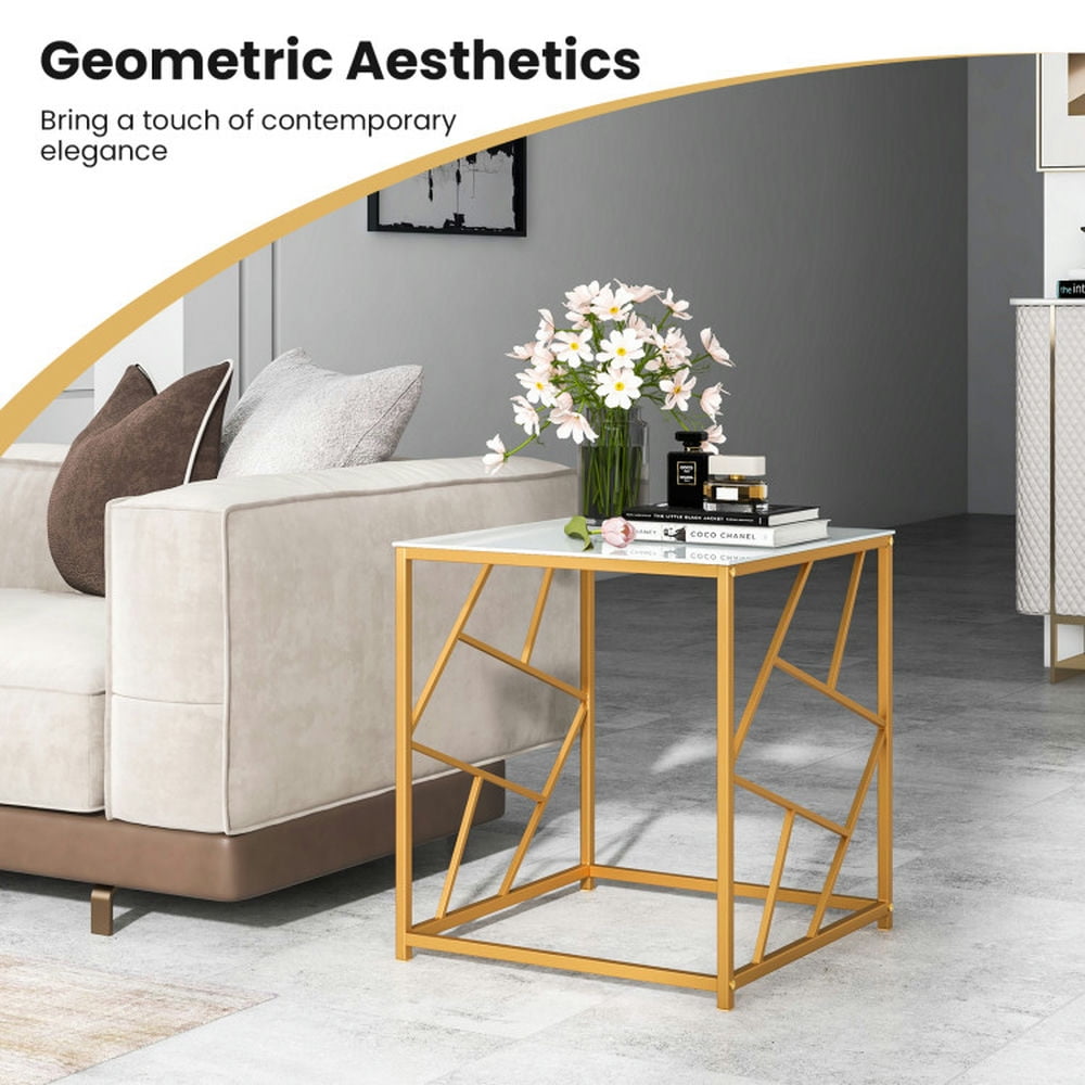 Finihen End Table, Tempered Glass End Table, Square End Table with Tempered Glass Tabletop and Gold Finish Geometric Frame, for Living Room, Bedroom, White & Gold Finihen End Table, Tempered Glass End Table, Square End Table with Tempered Glass Tabletop and Gold Finish Geometric Frame, for Living Room, Bedroom, White & Gold