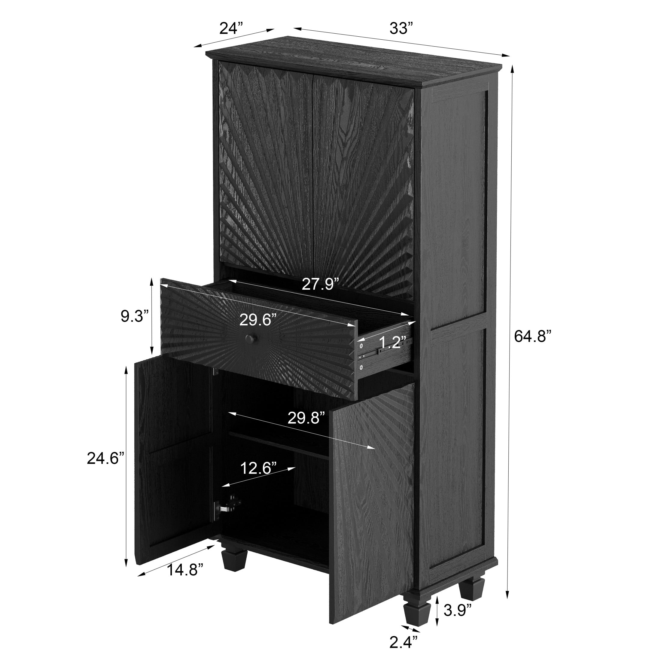 Noble House Neris 4-Door Tall Accent Buffet Cabinet with Storage Drawer, 3D Radial Pattern Hollow Sideboard, Black