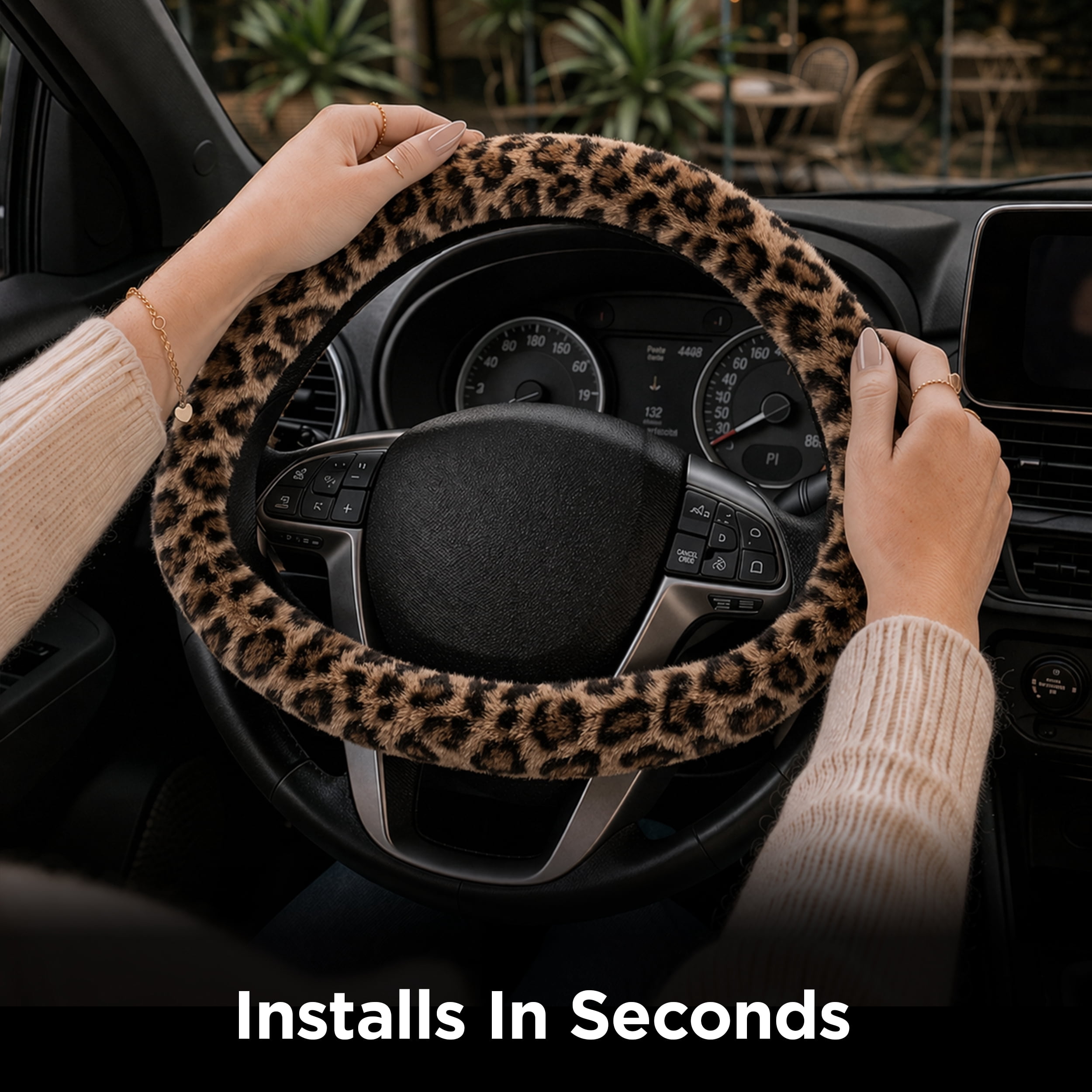 Auto Drive Leopard Print Steering Wheel Cover for Cars, Trucks, and SUVs, Brown