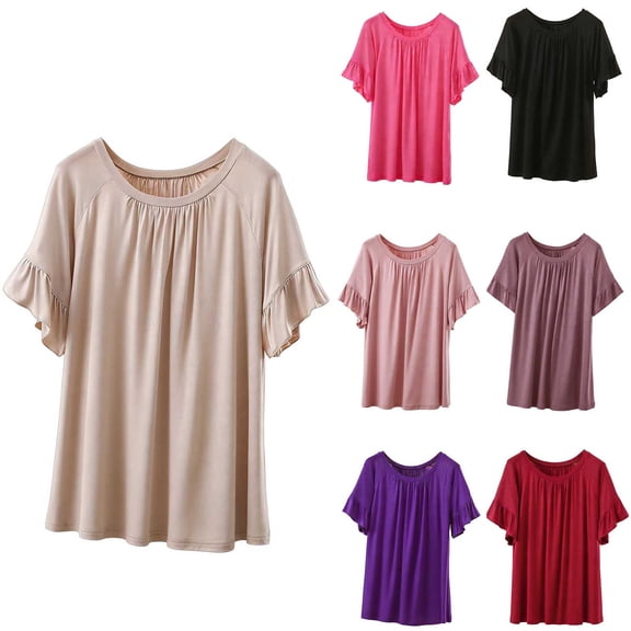 Favoffer Women Trendy Tops Short Sleeve Round Neck Ruffle Solid Modal Comfy Cute Casual Blouses Summer Tees Dating Holiday Daily