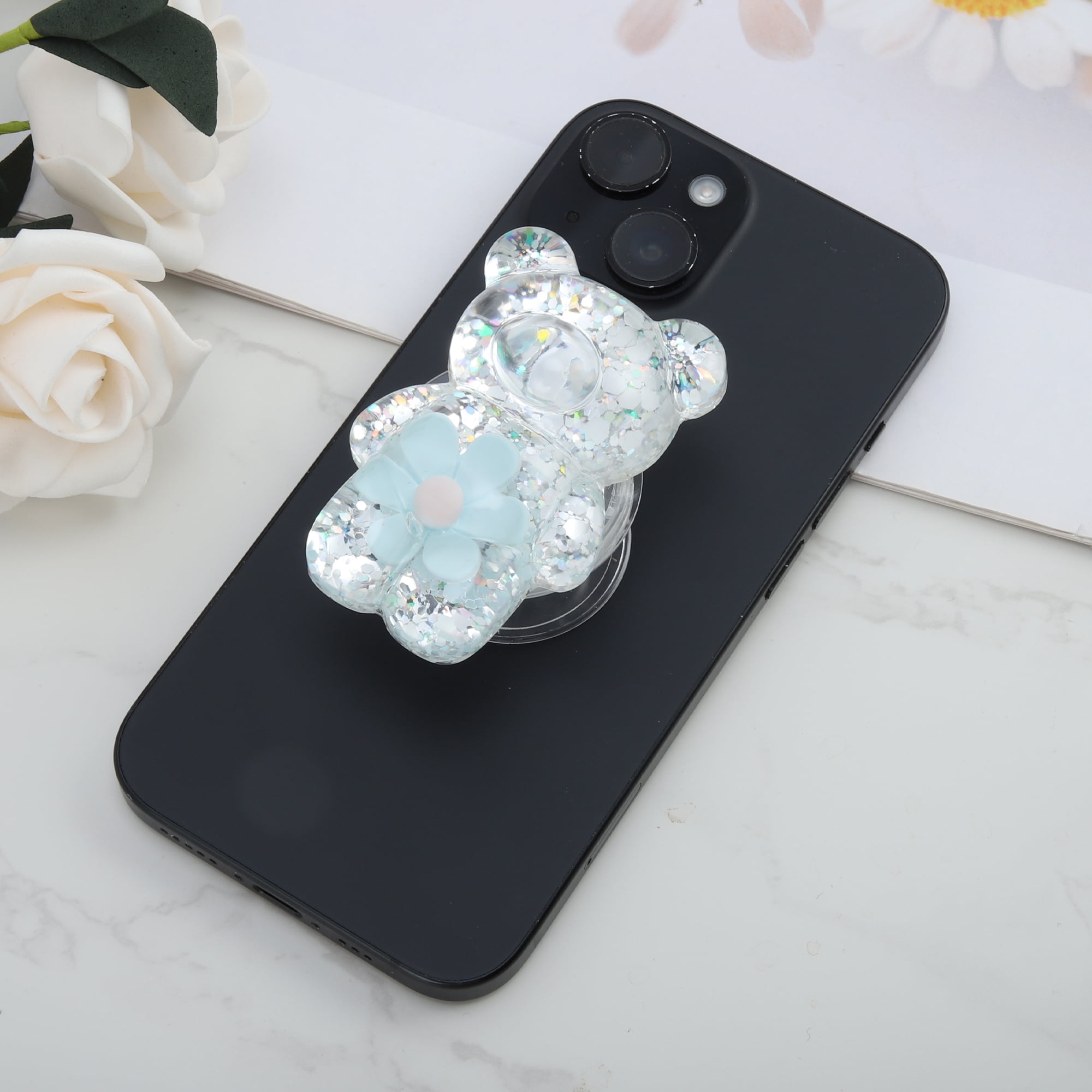 Unique Bargains Bear High-Shine Hexapetalous Flower Phone Grip Blue