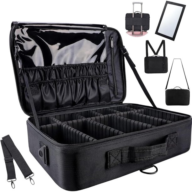 XL Grande Estuche de Maquillaje de Viaje 3 Capas - Con Espejo, Bolsa de Cosmético Impermeable con Divisor Ajustable, Gran Capacidad Organizador de Maquillaje Impermeable (Grande Negro)
