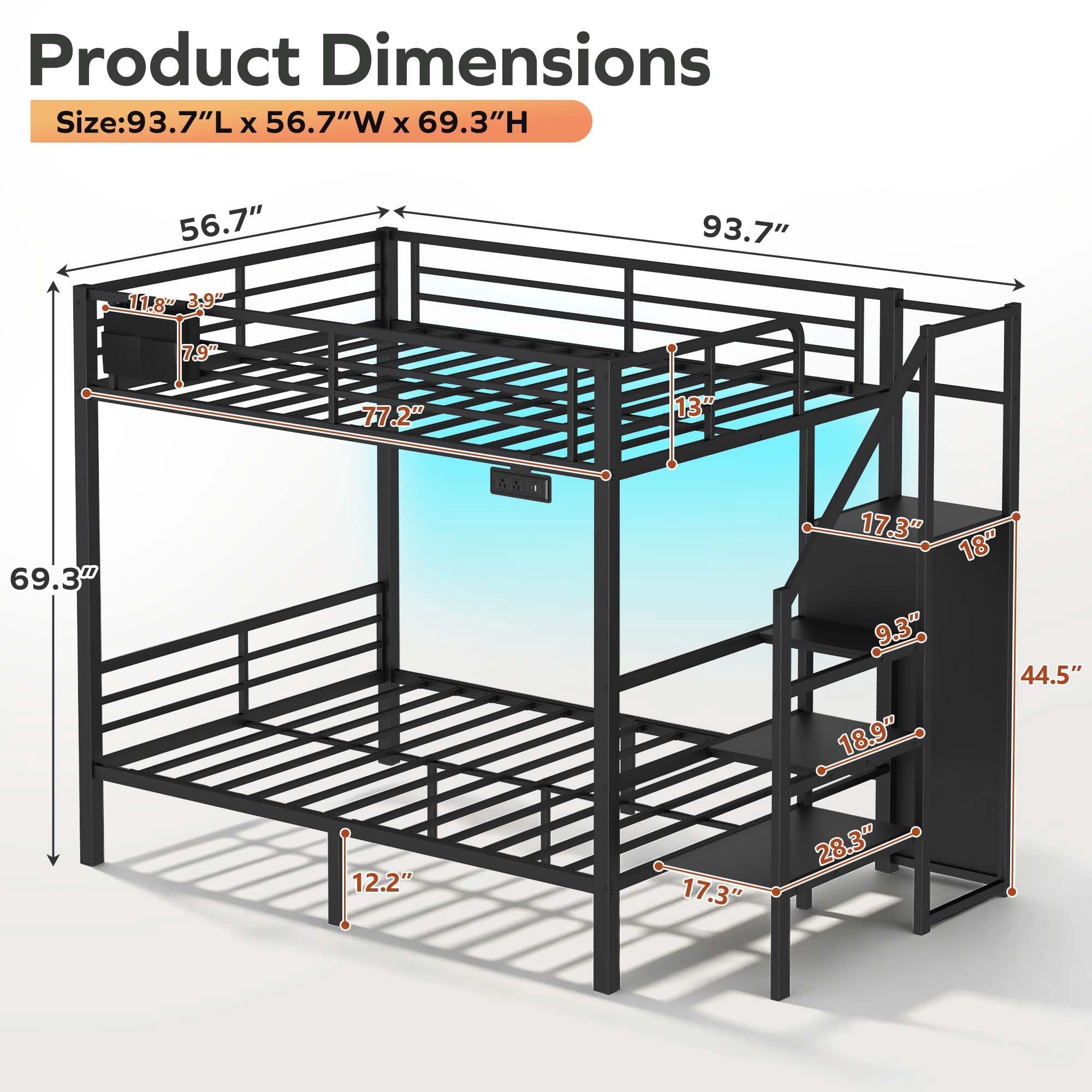 Miniyam Full Over Full Bunk Bed with Stairs, Storage and Charging Station, Metal Frame, Black