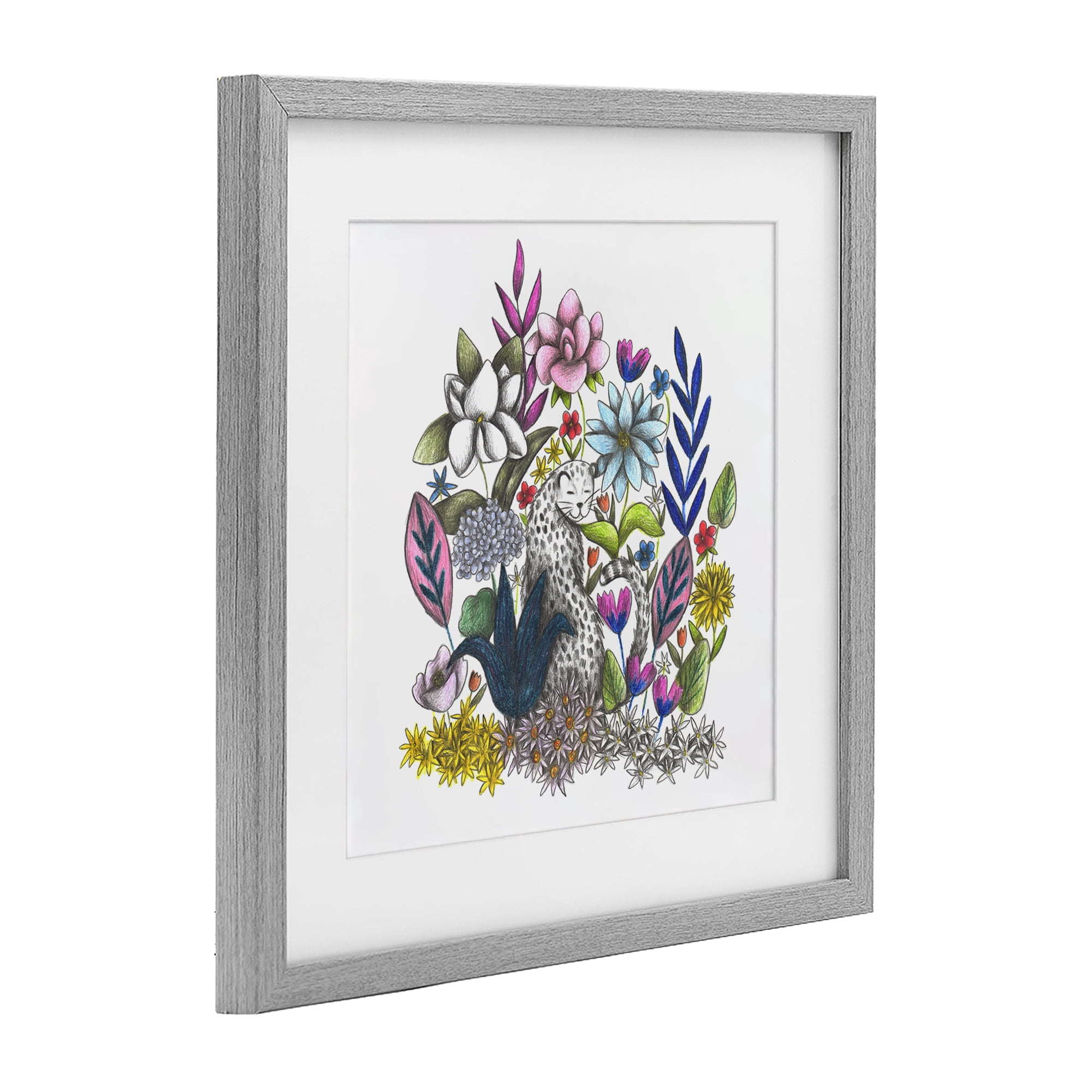 Leopard in Midst of Flowers Gray Framed Print Under Glass, design by Cecilia Battaini