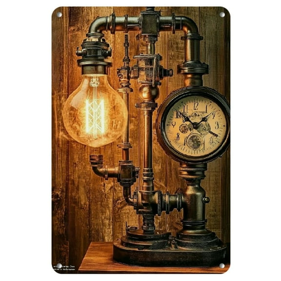 Vintage Steampunk Table Lamp Metal Wall Art - 12x8 Inch, Weatherproof and Waterproof Decor, Ideal for Home, Bar, Cafe, Garage - Black Retro Poster with Antique Machinery Design, Wall Decor