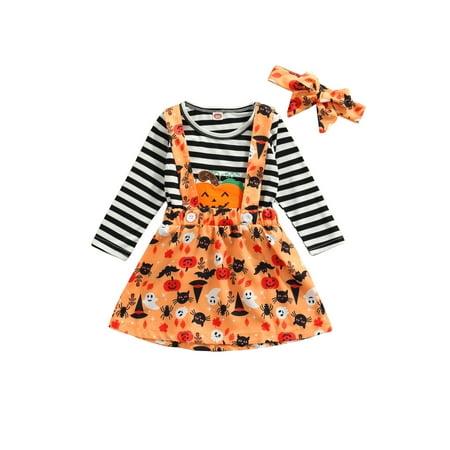 

ZIYIXIN Toddler Baby Girl Halloween Outfit Ruffle Long Sleeve Pumpkin T-shirt Top Suspender Skirt Headband 3Pcs Set Stripe 4-5 Years