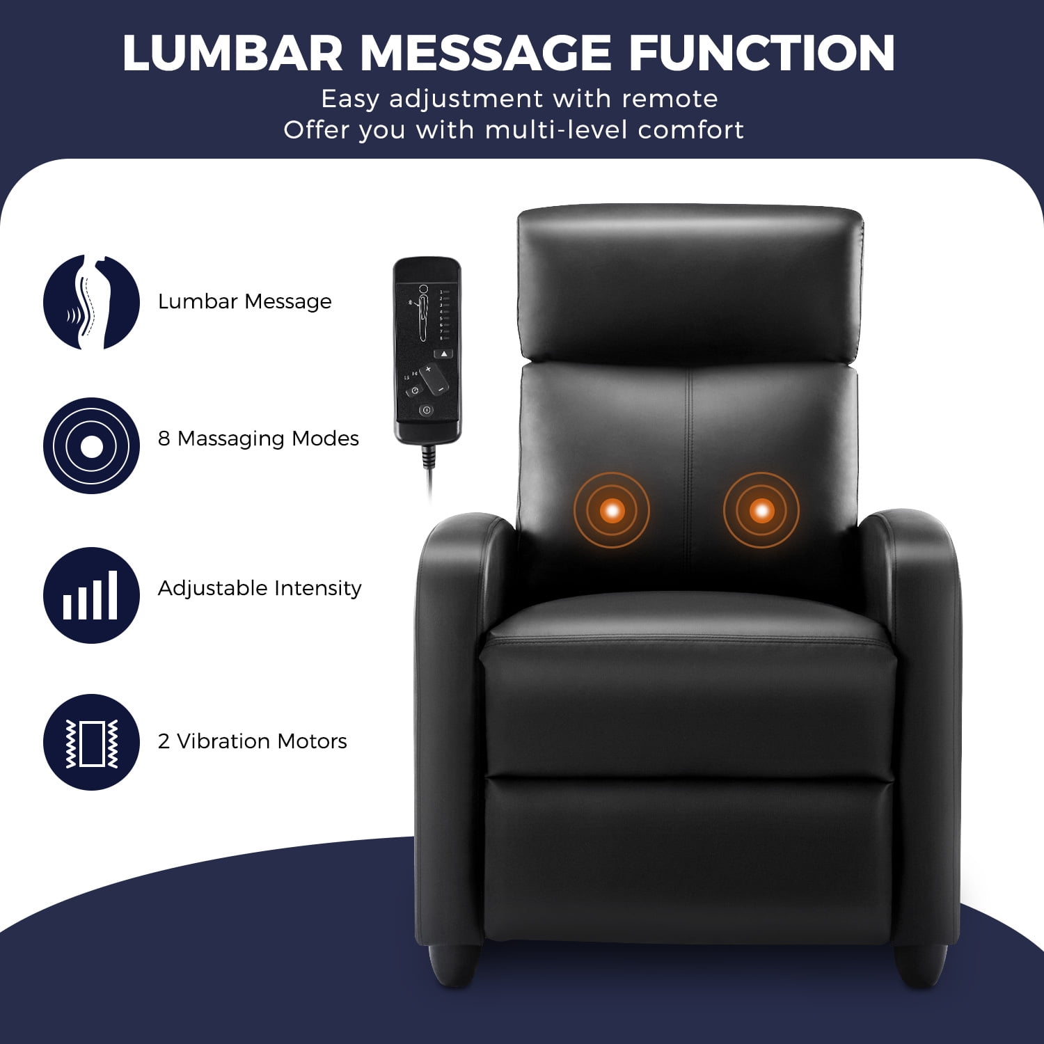 edx Recliner Chair with Massage, PU Leather Single Sofa with Padding Seat for Living Room Bedroom, Black