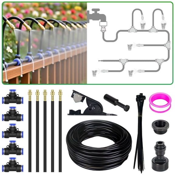 16.5 ft Garden Watering System, 360° Adjustable Drip Irrigation System with 5 Nozzles, Drip Irrigation Kit for Garden, Yard, Lawn, Greenhouse, Plants