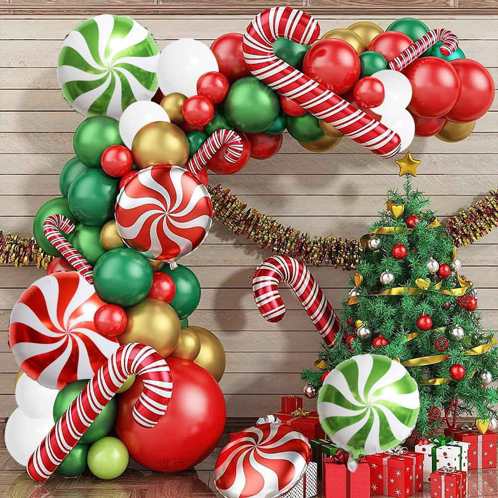 Red Green White Christmas Balloon Garland Arch Kit, Gingerbread Holiday Balloon Arch Kit Xmas Christmas Decorations Balloons Holiday Party Garland Balloons Background Candy Cane Balloon Arch Sets