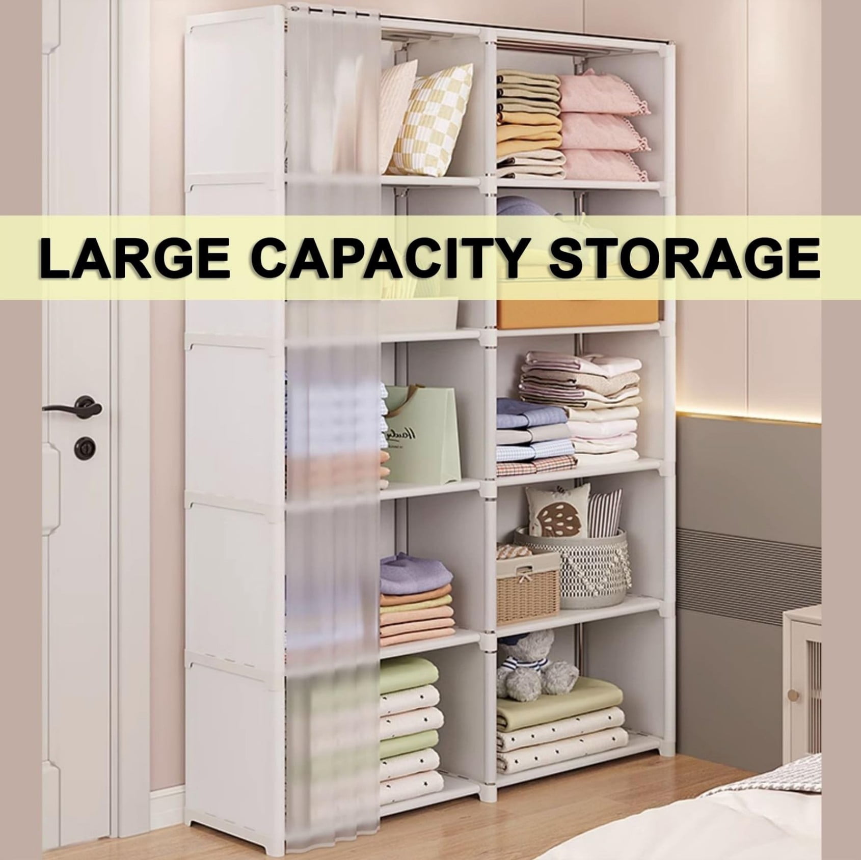 5 Tier Freestanding Bookcase with Curtain, 10 Grid Open Bookshelf Storage Organizer, Tall Display Shelf for Bedroom Living Room Office, White