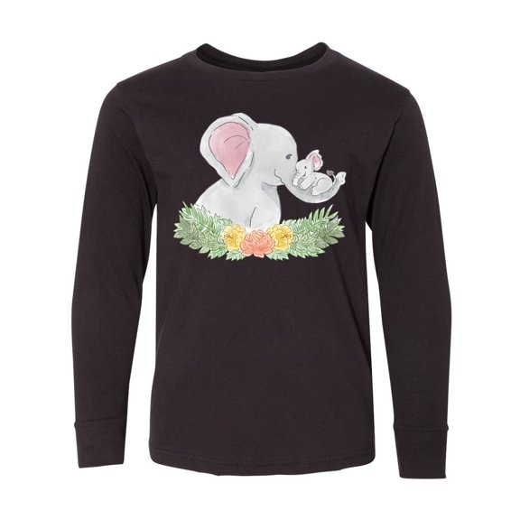Inktastic Cute Elephants with Flowers Long Sleeve Youth T-Shirt
