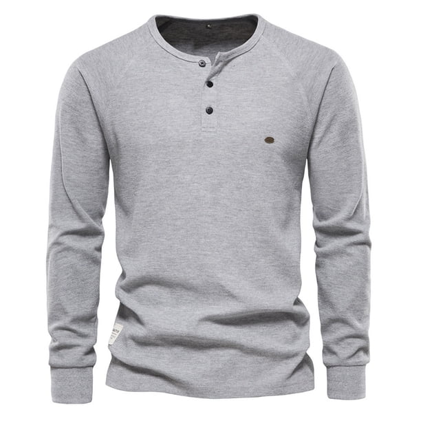 Camiseta de manga larga para hombre, color liso, diseño con cuello, corte holgado, poliéster, prenda informal para otoño-invierno