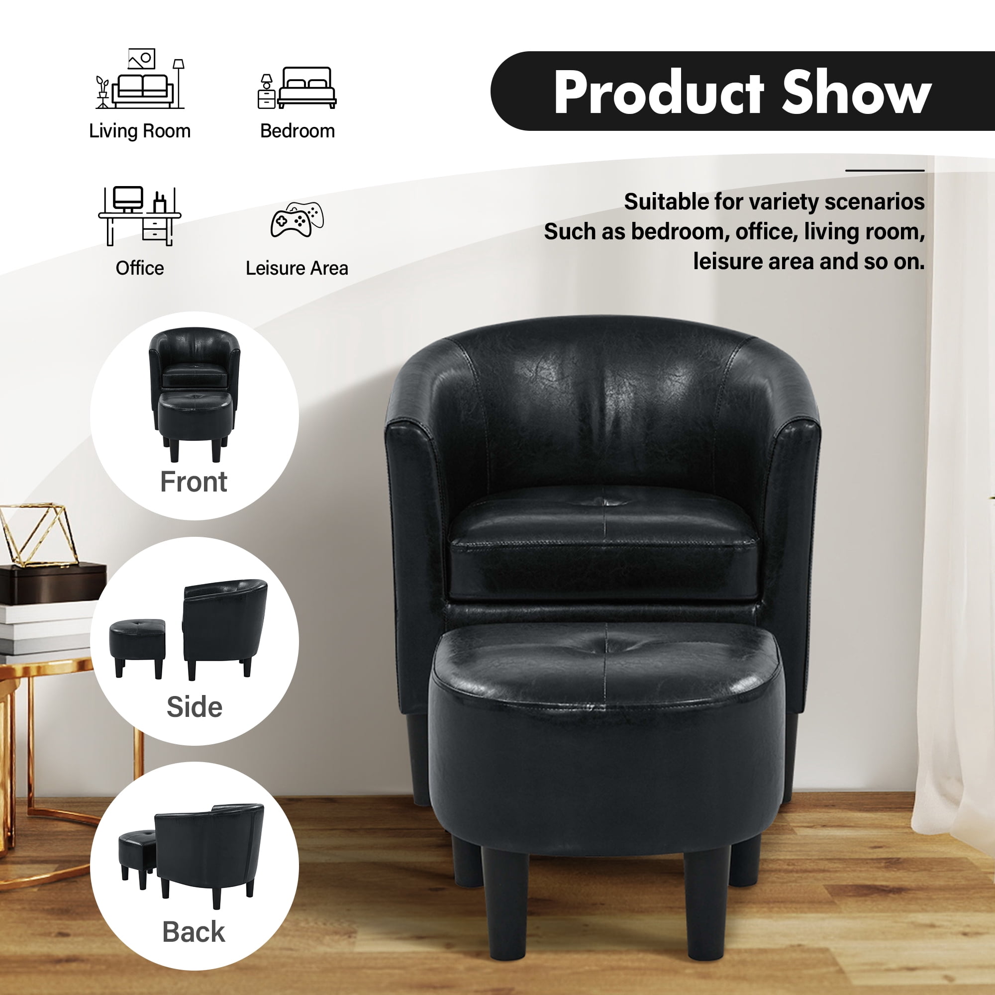 Aukfa Barrel Accent Chair with Ottoman & Arms, Modern PU Leather Upholstered Chair for Bedroom/Living Room,Black