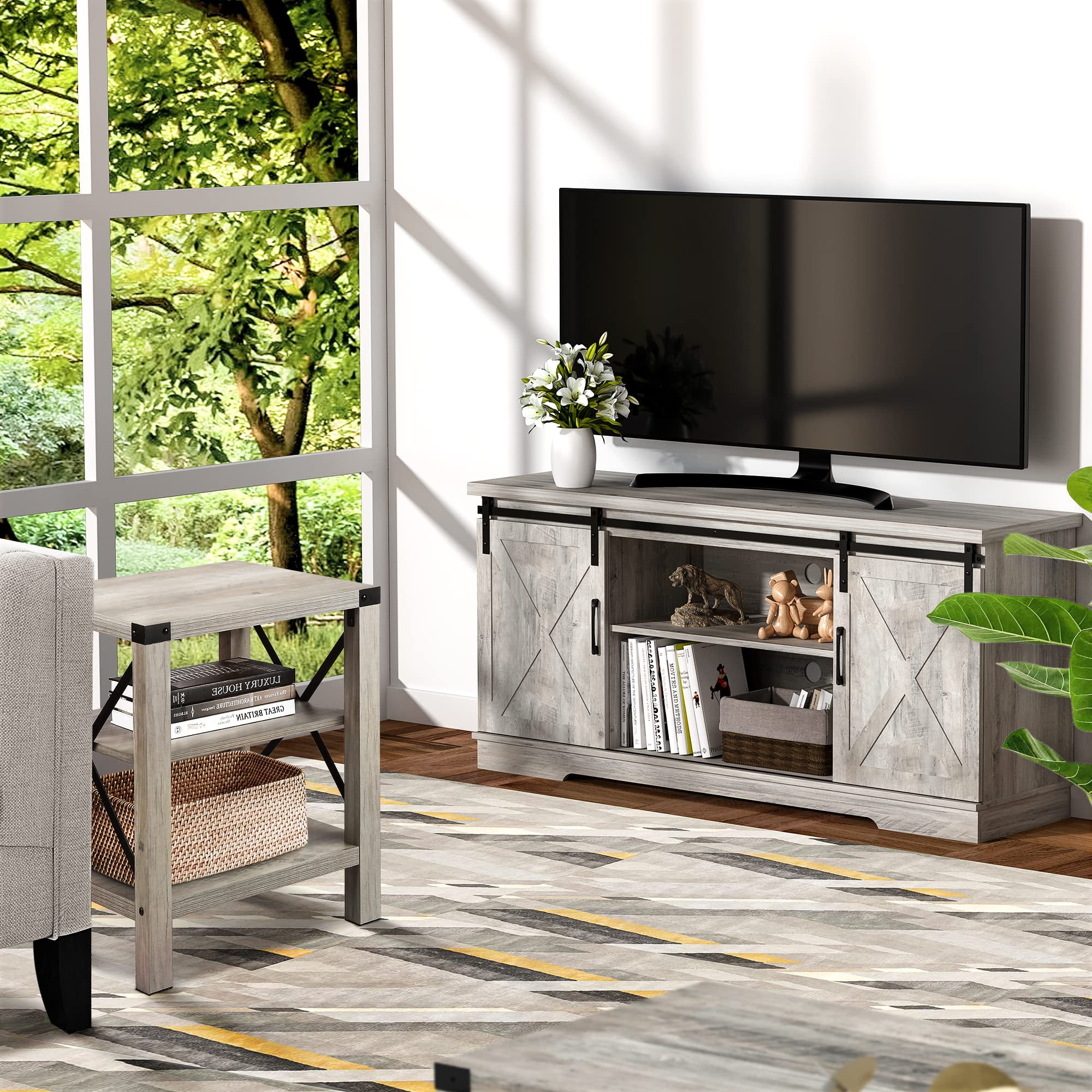 DSstyles Farmhouse TV Stand for 65 inch TV, Farmhouse Entertainment Center, Sliding Barn Door TV Stand, 58 inch TV Console Table, Home Living Room Wood TV Stand with Movable Shelf