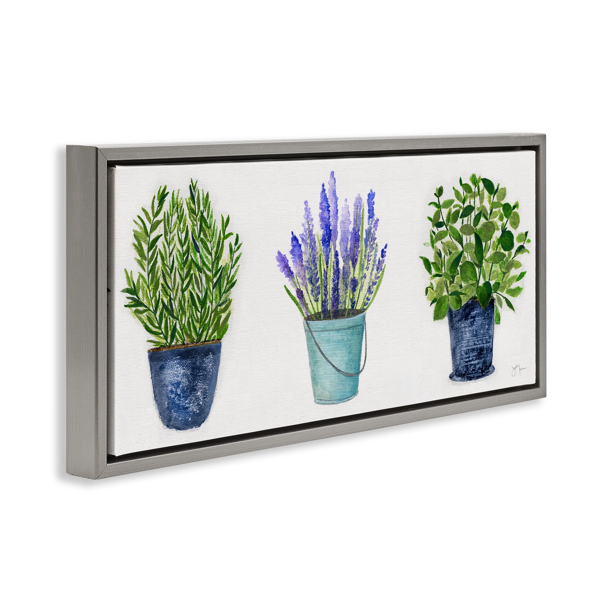Stupell Industries Varied Potted Plants & Herbs Botanical & Floral Painting Gray Floater Framed Canvas Art Print Wall Art, 31 x 14