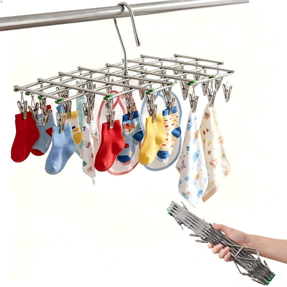 Stainless Steel Sock Drying Rack with 35 Clips, Space Saving Clothes Dryer Rack Hanger for Laundry, Rustproof Drip Dryer Pegs for Socks & Underwear