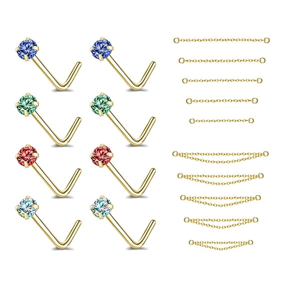 ZS 18Pcs/Set Gold Nose Chain Piercing Across Nose Stud Rainbow Cubic Zirconia L Shape Nose Rings