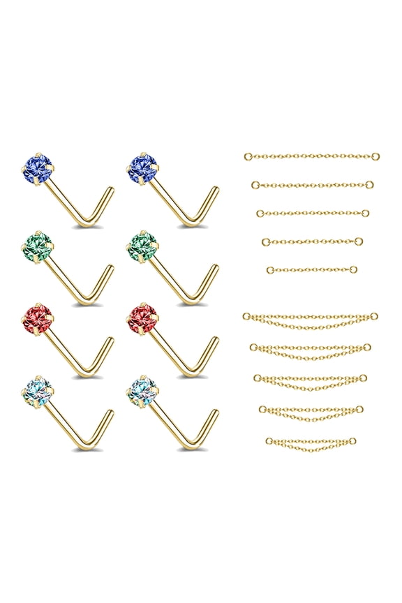 18Pcs/Set Gold Nose Chain Piercing Across Nose Stud Rainbow Cubic Zirconia L Shape Nose Rings