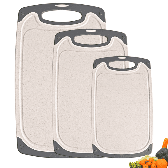 Large Cutting Boards, 3-Piece Plastic Cutting Boards for Kitchen, BPA Free Non-Slip Cutting Board Set of 3 with Juice Grooves, Beige