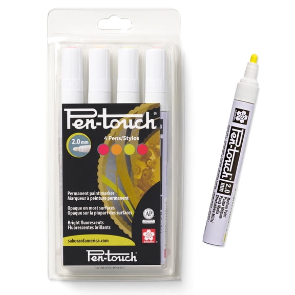 Sakura Pen-Touch Paint Markers - Permanent Marker Pen - Assorted Fluorescent Colors - Medium Tip Size - 4 Pack