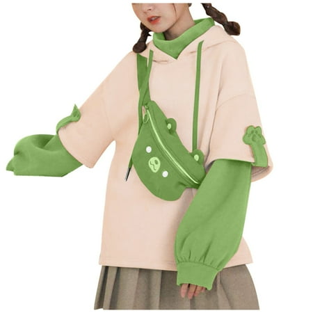 IROINNID Women s Long Sleeve Sweatshirt Mid-Length Color Block Leisure Autumn Winter Sweatshirt with Zipper Messenger Bag 2PC  Green