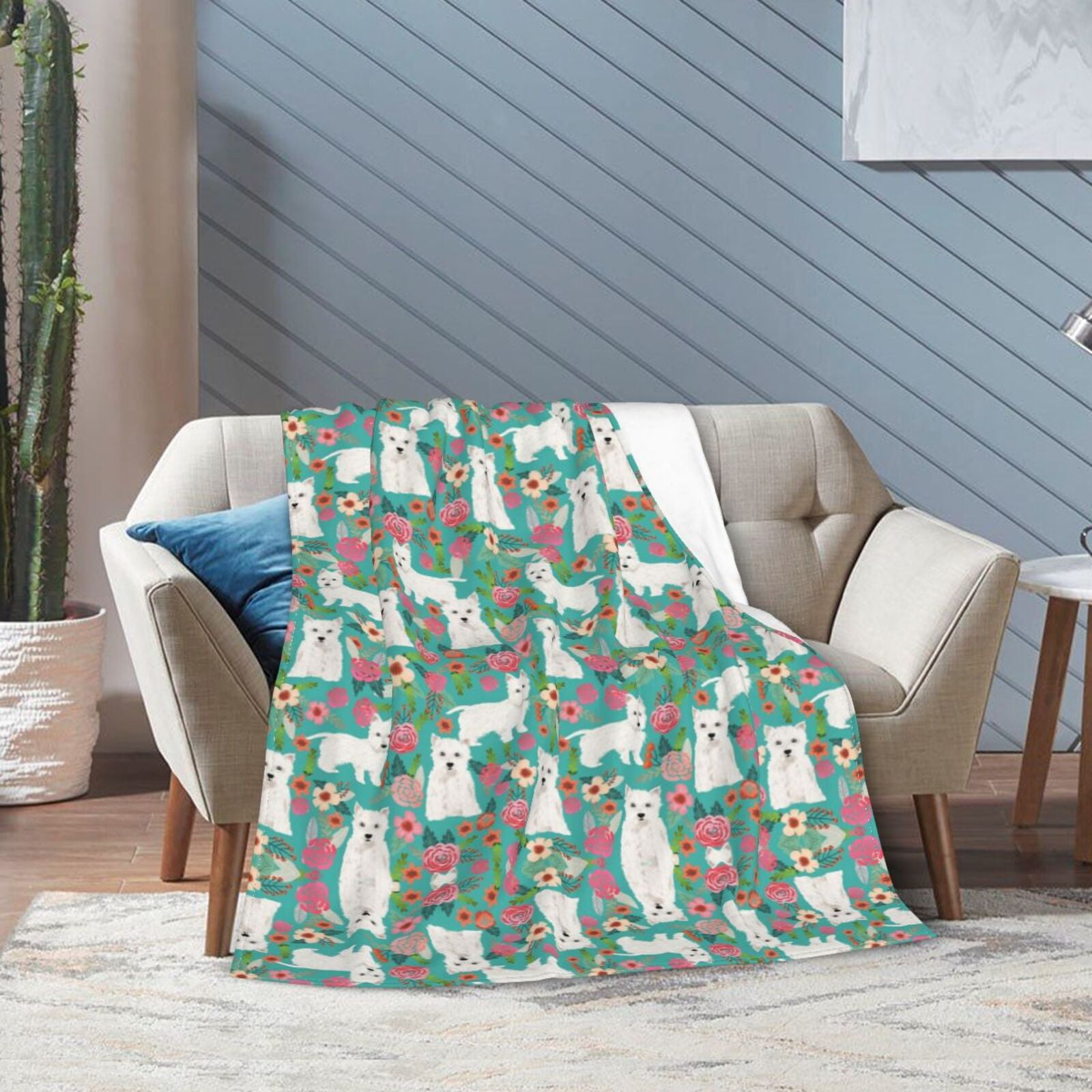 Wijzvio Westie Dog Flower Florals Throw Blanket Soft Fuzzy Fleece Blanket For Couch Bed Living Room Decoration 60"X50"