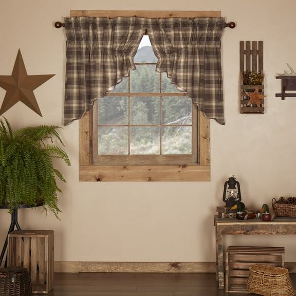 VHC Brands Woodland Brown Rustic Kitchen Curtains Dawson Star Rod Pocket Cotton Drawstring Ties Plaid Prairie Swag Pair