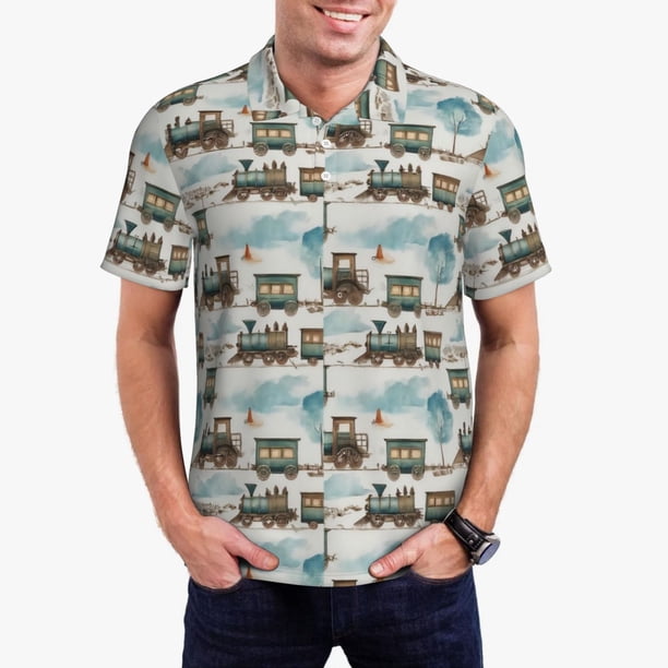 Balery Transport Train Camisa Polo de Hombre con Estampado, de Manga Corta y Tejido Medio, Camisa Tipo Golf Polo-Small
