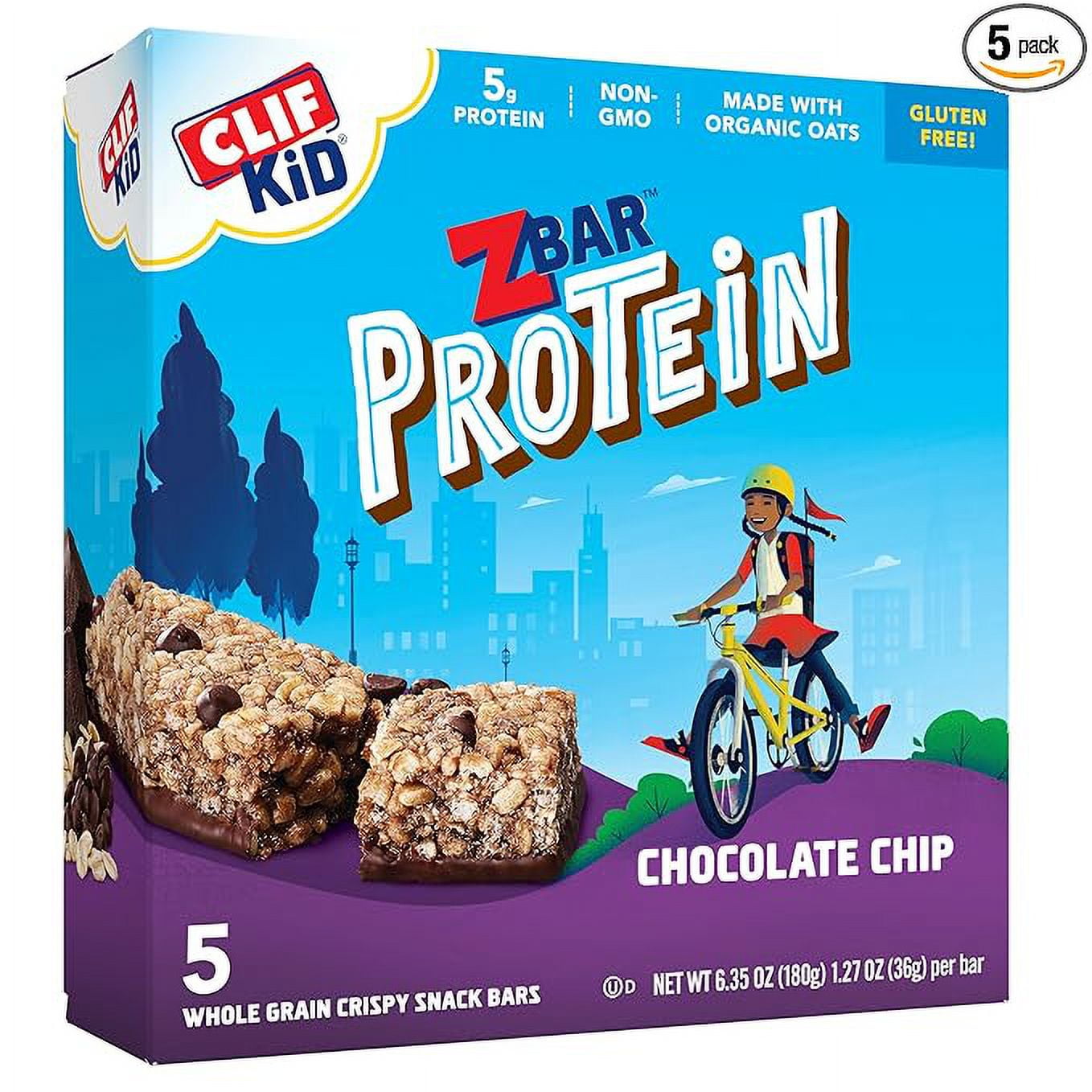 CLIF Kid Zbar Protein - Chocolate Chip - Crispy Whole Grain Snack Bars - Made with Organic Oats - Non-GMO - 5g Protein - 1.27 oz. (5 Pack) ( pack of 2 )