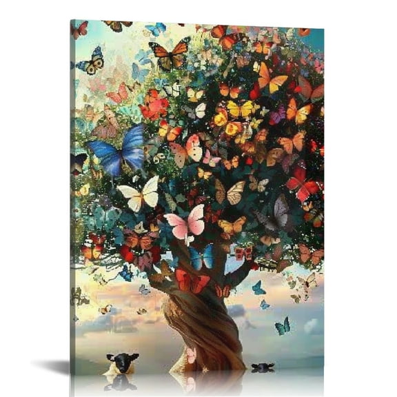 FCXZI Butterfly Tree Indoor art wall decoration home is suitable for living room, bedroom, office, dining room, club decoration, can hang Canvas painting 12x16in
