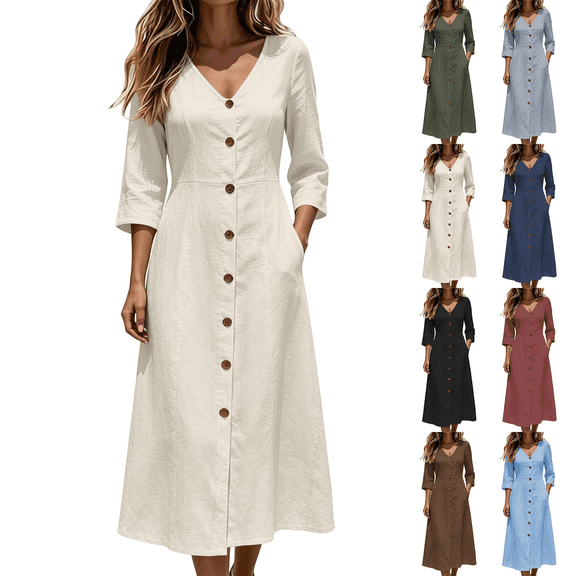 Zeijnsda Maxi Dresses for Women Solid Color 3/4 Sleeved Midi Dresses V-Neck Full Button Long Dresses Fashion A-Line Maxi Dresses for Casual Daily Business Wear