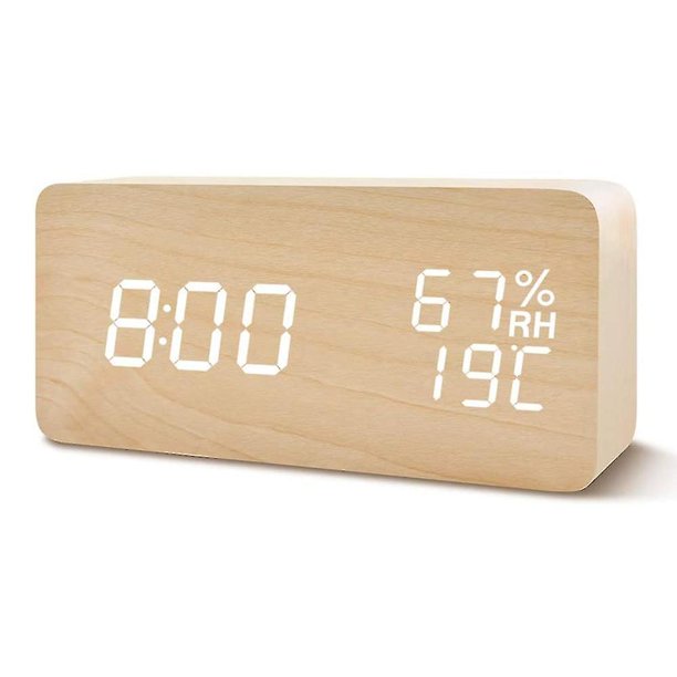 Reloj despertador digital de madera, con 3 configuraciones de alarma, pantalla LED electrónica de tiempo, brillo y temperatura de 3 niveles, bueno para dormitorio, mesita de noche, escritori