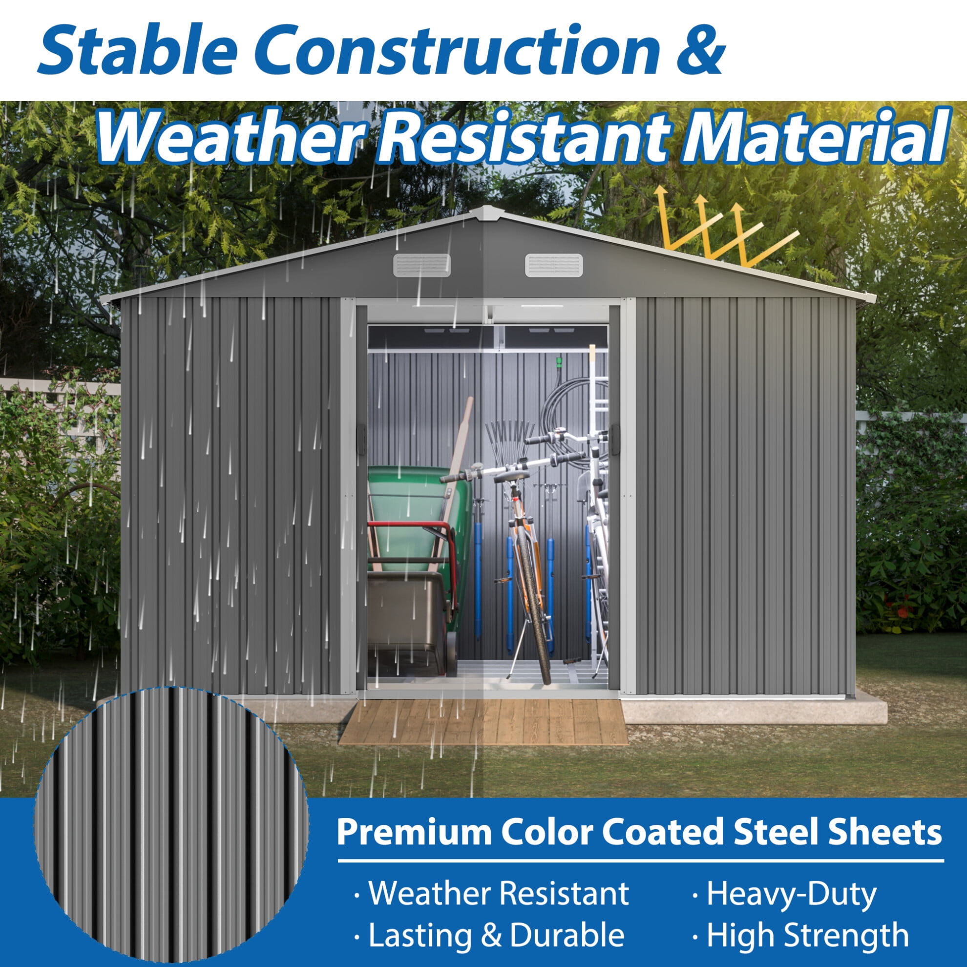 10X8 FT Outdoor Storage Shed, Metal Tool Shed & Outdoor Storage with Lockable Door and Vents Ideal for Bicycles, Tools, Lawnmowers, Backyards, Patios, Lawns