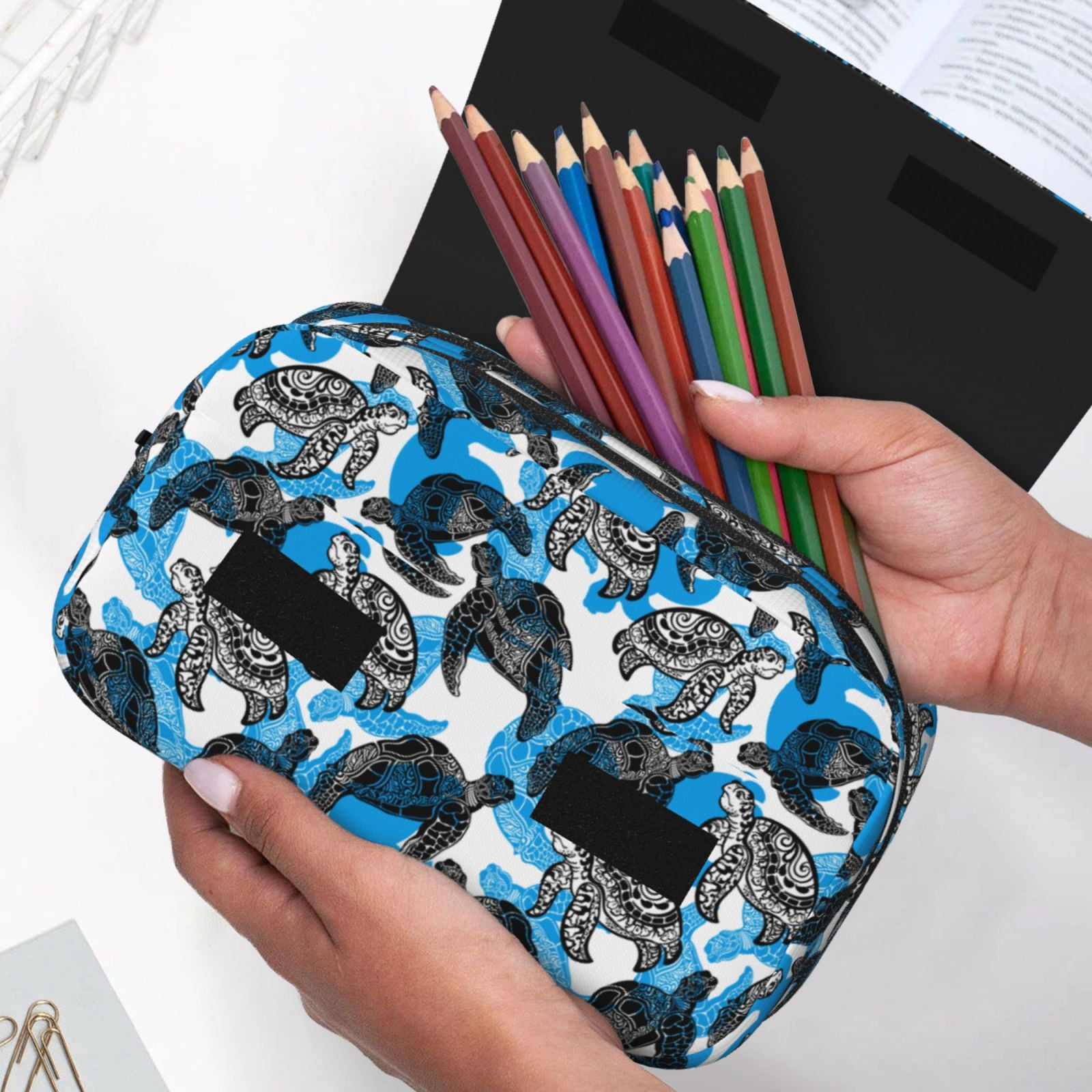 Rateoe Sea Turtle Life Pattern Double Clamshell Pen Case, Storage Organizer with Two Zipper Compartments– Holds Up to 50 Pencils & Pens
