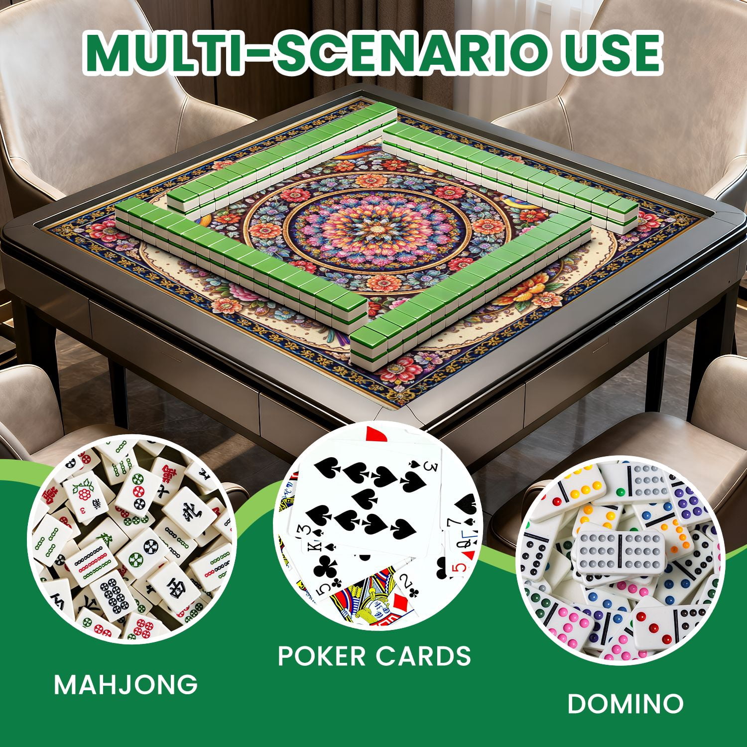Mahjong Mat 31.5" x 31.5" Colorful Floral Bird Mandala Vibrant Design Elements Non-Slip Noise Reduction Mahjong Tiles Table Cover for Dominoes Poker Card Board and Tile Games