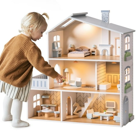 Robud Wooden Dollhouse, 6 Rooms, 29 Realistic Accessories, 4-6" Dolls, Nordic Style, Kids & Toddlers Gift, Ages 3 