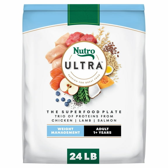 Nutro Ultra Adult Weight Management Dry Dog Food, Chicken, Lamb and Salmon Protein Trio, 24 lb Bag