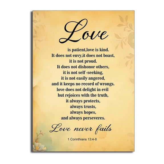 Love Never Fails Wall Art, 1 Corinthians 13 Canvas Print with Inspirational Scripture for Faith-Based Home and Bedroom