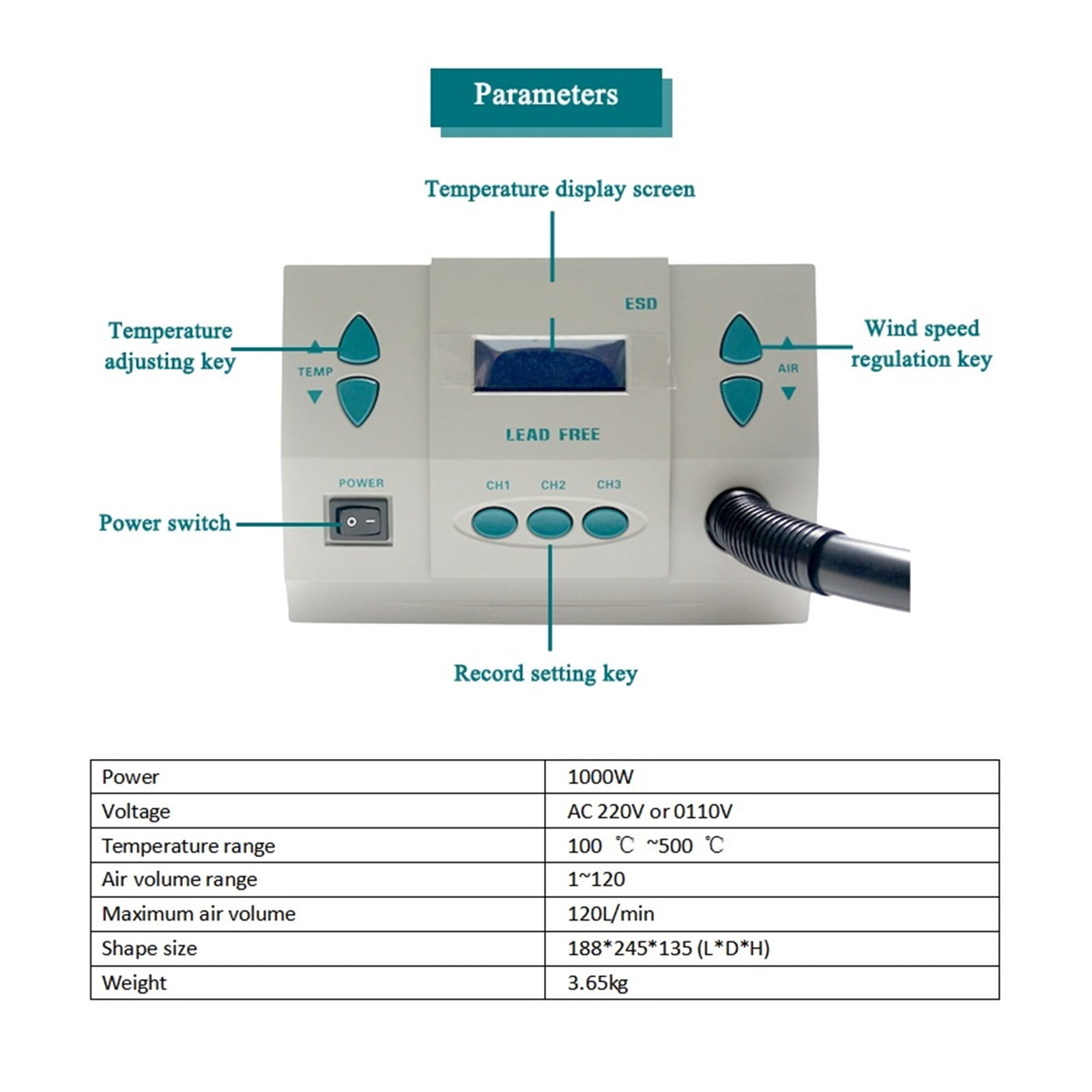 861DW Heat Gun Lead Ee Hot Air Soldering Station Microcomputer Temperature Rework Station+7nozzle ,High Temperature Resistant