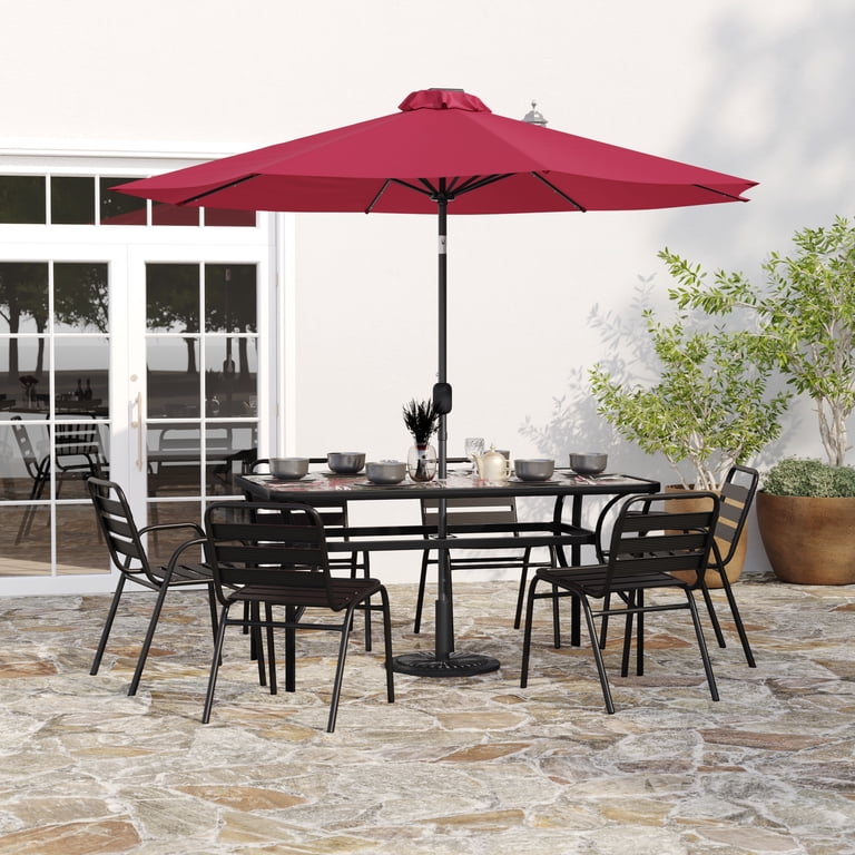 9-foot round solar patio umbrella in salsa 9' with 32 Powered LED Lights, Push-Button Tilt and Hand Crank Lift, Solar Umbrella Navy for Porch, Deck, and Patio by Sun-Ray : Patio, Lawn Crafted with a durable powder 9 ft. 8-Rib Round Solar