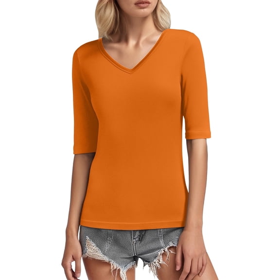 LINGLANG Summer Tops for Women 3/4 Sleeve V Neck Tee Casual Solid Slim Tshirts Shirts
