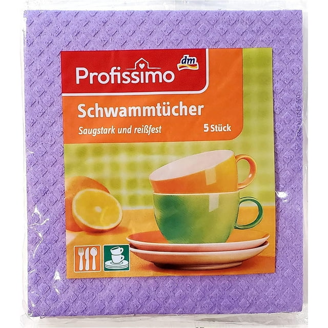 Profissimo Chiffons-Éponges Importés d'Allemagne - Lot de 5 Lavettes en Cellulose Réutilisables - Débarbouillettes Absorbantes Suédoises pour Cuisine, Comptoirs et Vaisselle - Cadeau Écoresponsable pour la Maison
