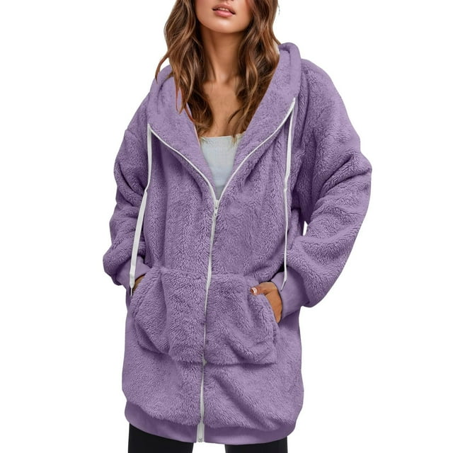 Timegard Winter Coats for Women Plus Size Full Zip Fleece Comfy Warm Hoodies Mid Long Jackets Soild Color