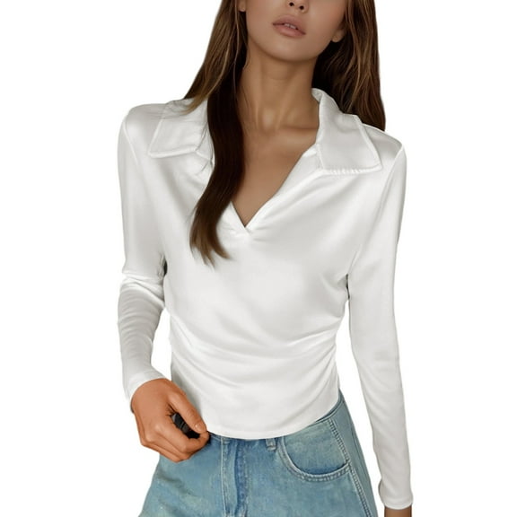 Arlun,Womens Long Sleeve Polo T Shirts V Neck Business Casual Work Tshirts Solid Color Slim Fit Ruched Elastic Sides Waisted Lightweight Basic Tops White XL
