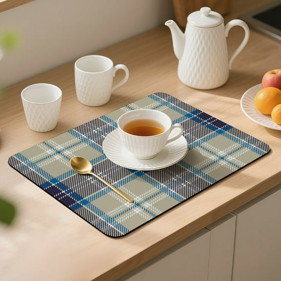 Blue Tartan Plaid Placemats 40x30cm Non-Slip Desk Mat Table Protector Durable Diatomaceous Rounded Corners, Washable Table Pad for Home Office Made in USA