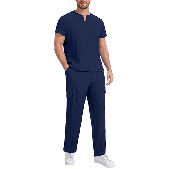 Xfvqtps Scrubs Set for Men Short Sleeved V-Neck Scrub Top and Elastic Waist Multi-Pocket Jogger Pants Nursing Uniform Set