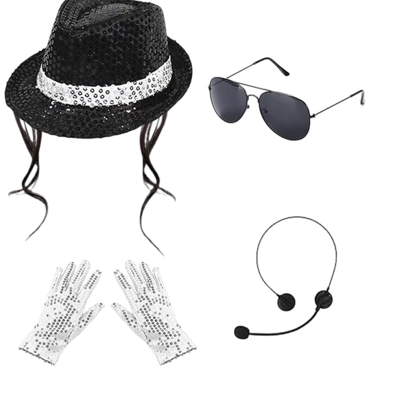 Disco Pop Star Costume Accessories Set, 70s 80s Retro Dance Party Outfit Kit with Sequin Fedora Hat, Gloves, Glasses and Microphone for Halloween