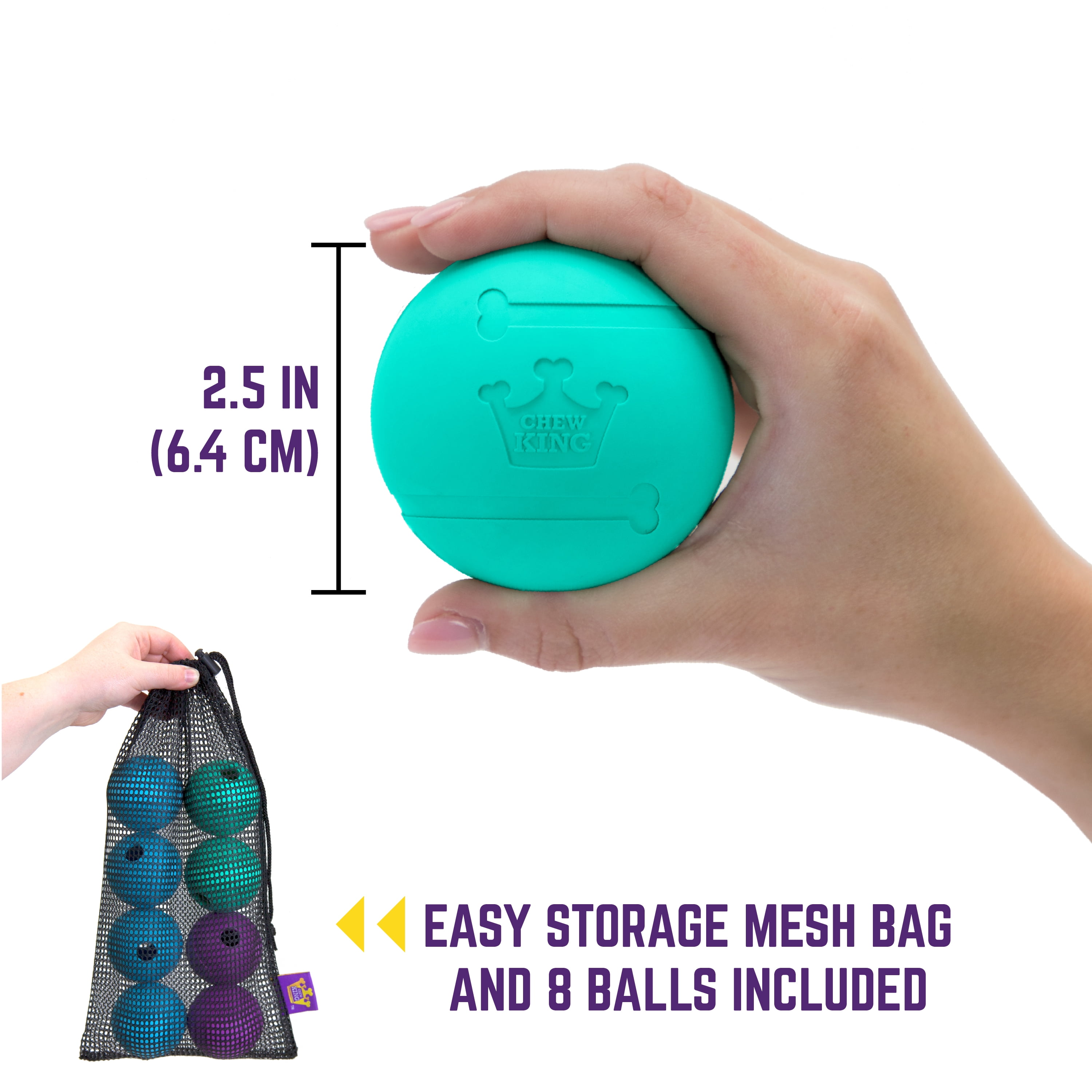 Chew King 2.5" Durable Rubber Fetch Balls Dog Toy, 8 Pack