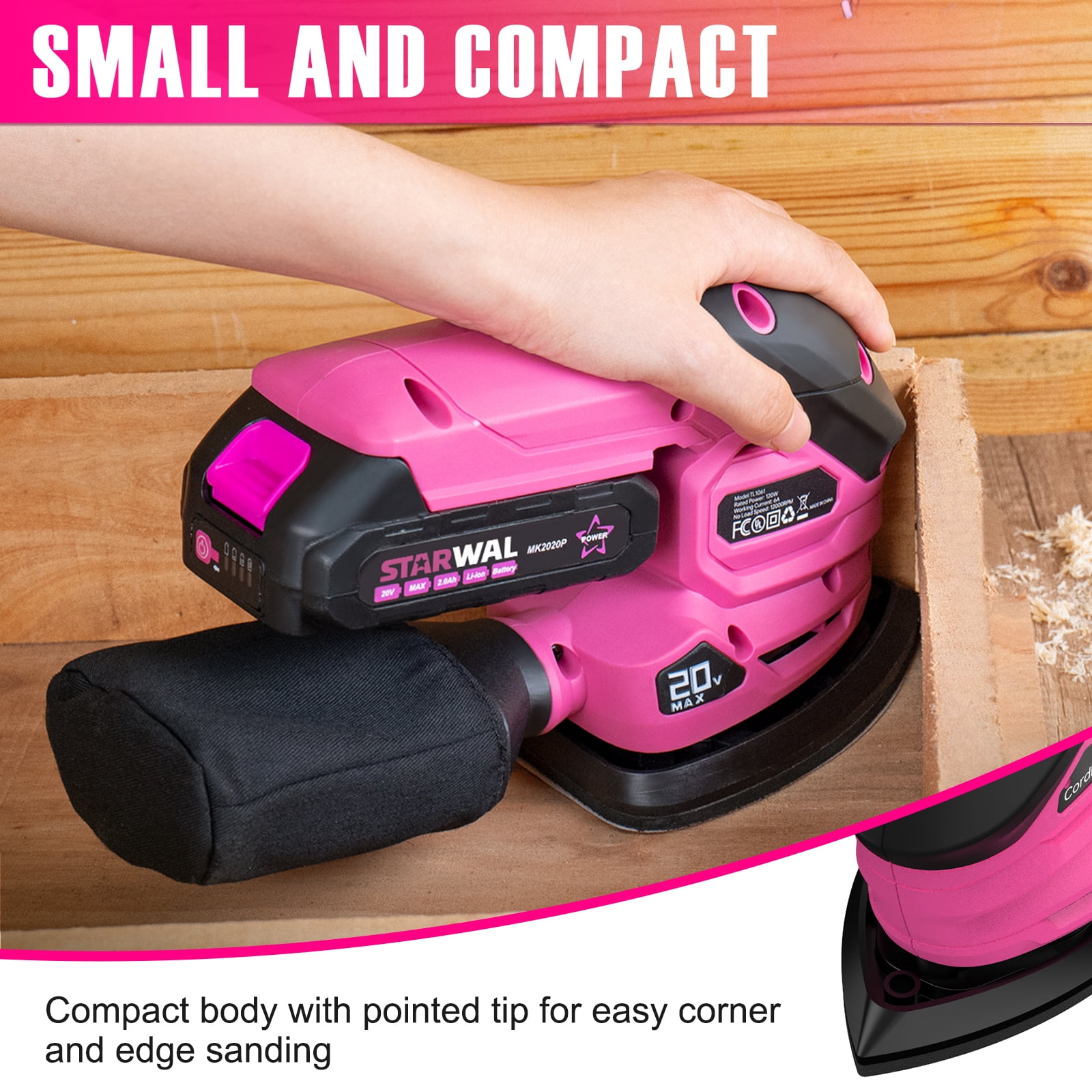 Starwal 20V Cordless Detail Sander - 12000 RPM Electric Hand Sander, Compact Palm Sander for Tight Spaces Woodworking, 2.0Ah Battery and Charger Included